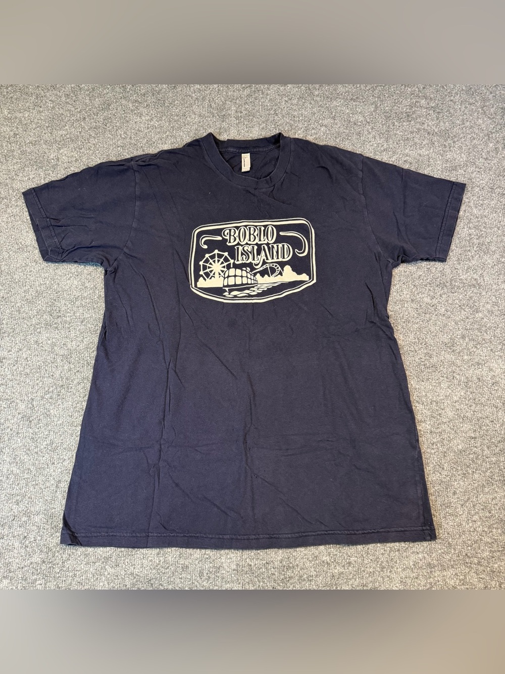Boblo Island Graphic T Shirt XL Navy American Apparel USA Made Theme Park Tee